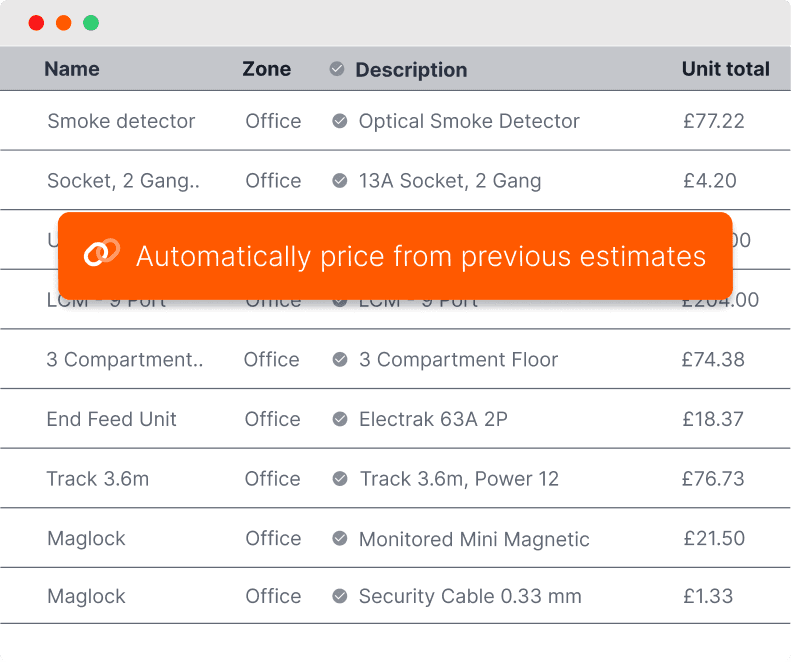 Estimate table with auto-priced items
