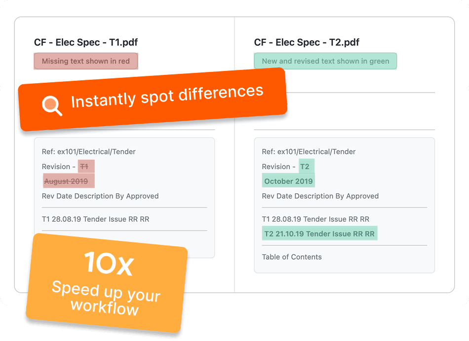 Side-by-side PDF specification comparison with highlighted changes
